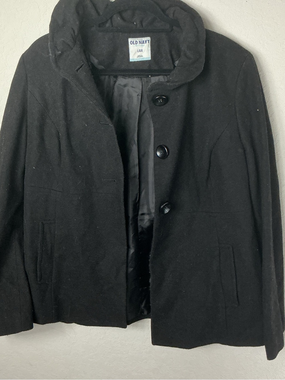 Old Navy Women's Black Wool Blend Pea Coat Jacket L Funnel Neck Button Front